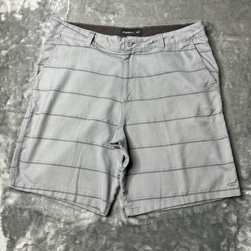 O'Neill Shorts Men Size 36 Gray Check Microfiber Chino Flat Front 10 Inseam